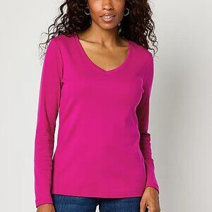 St. John's Bay Womens V Neck Long Sleeve T-Shirt, Magenta, Large, XL